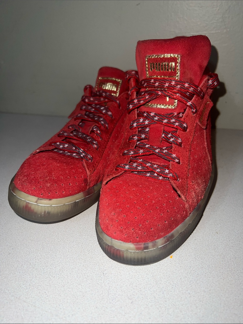 Puma Red Suede High-Top Sneakers with Gold Logo Accent
